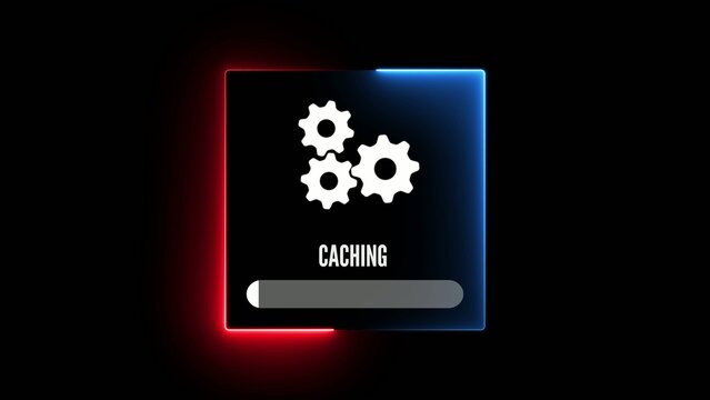 Glowing blue and red bordered digital progress bar showing caching with Generate title without using the word "Title:" before it. white gears and progress indicator