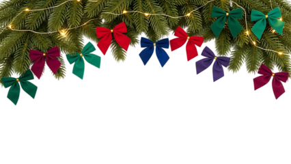 Christmas garland decorated with colorful bows and twinkling string lights festive border design