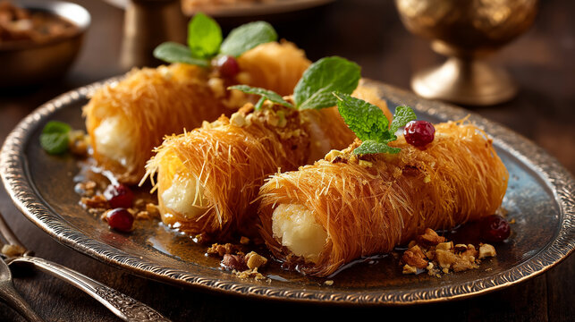 Crispy Middle Eastern kunafa rolls filled with cheese and nuts, drizzled with syrup, plated elegantly