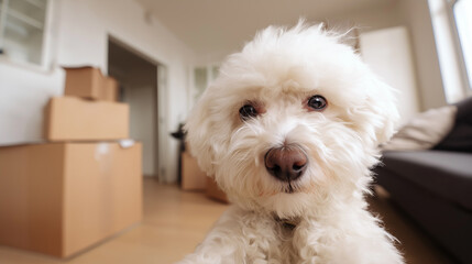 Obraz na płótnie Canvas Dog taking a selfie in a new apartment, moving, buying a home, renting, pet friendly