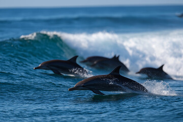 Fototapeta premium Witness dolphins playfully surfing the waves, showcasing their agility and natural beauty in the ocean, embodying freedom, joy, and the wonders of marine life.