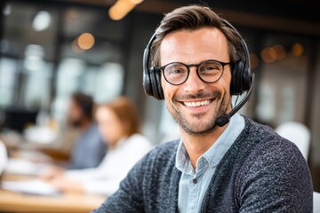 Fototapeta premium Smiling man with glasses wearing headset in modern office environment showing confidence and professionalism during video call or telephone conversation