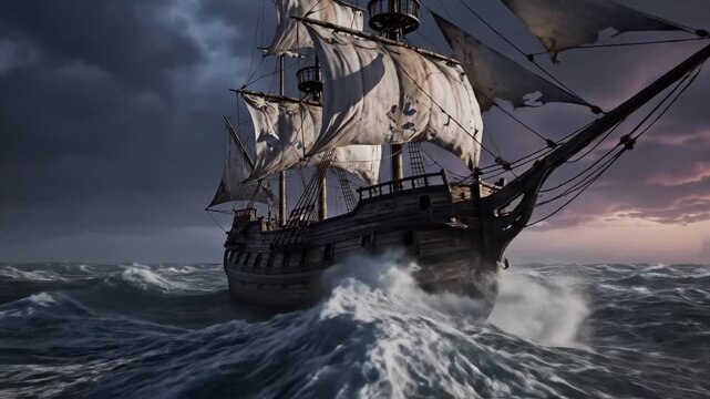 Large sailing ship battles turbulent, stormy seas under dramatic sky, waves crash dynamically, a powerful scene evoking themes of adventure, challenge, and overcoming adversity, video.
