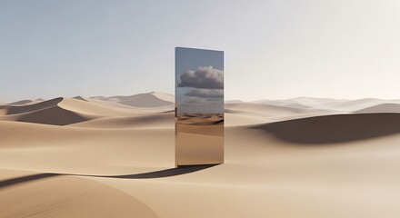 Surreal monolith reflecting a cloudy sky standing upright in the middle of a vast, sunlit desert landscape with sand dunes