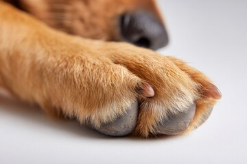 Close up View of a Dogs Paw Resting on a Light Surface With Fine Details Showing Fur, Nails, and Pad in High Resolution