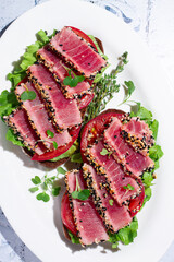 Breakfast, sandwiches, fried tuna fillet, in sesame seeds, no people, top view, homemade, © DideBashvili