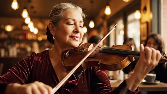 Woman playing violin in cozy caf&eacute;, showcasing passion for music and artistry. Concept of live performance, cultural heritage, or community engagement.