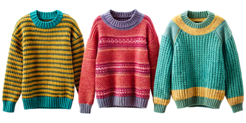Colorful knitted sweaters in striped and patterned on white background isolated on a transparent background