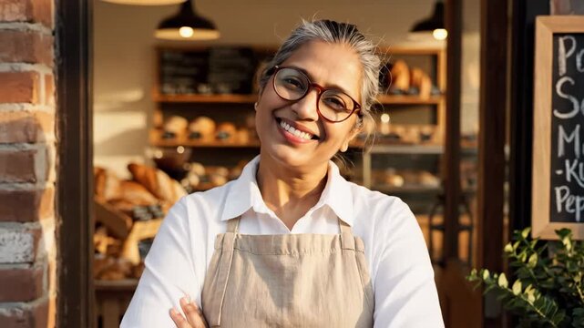 Indian woman with glasses and apron smiles confidently at her bakery shop entrance. Footage shows happy female small business owner, concept of entrepreneurship and local business success, video.