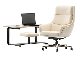 Comfortable office chair and desk with laptop isolated on white background