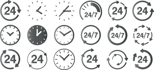 Collection of time and 24/7 service icons symbolizing continuous operation and availability