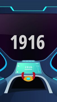 Time travel cockpit with futuristic animation jump to the year 1916 vertical. Ideal for content creators, tech presentations, future concepts, and cinematic video projects.
