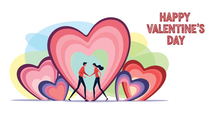 A loving couple holds hands standing between large colorful hearts on a valentine's day background with a joyful atmosphere and vibrant hues
