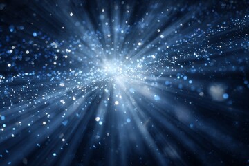 Naklejka premium Glowing Blue Particles Create an Enchanting Abstract Background with Rays of Light Radiating from a Central Source in a Dreamy Atmosphere