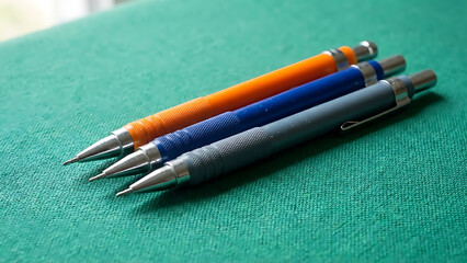 Colorful Mechanical Pencils Lying on a Textured Green Surface, Ready for Drafting or Creative Work