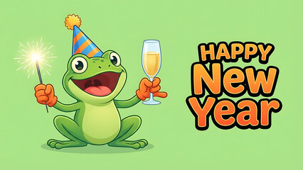 Festive amphibian character celebrating the new year with a sparkling drink and illuminated sparkler