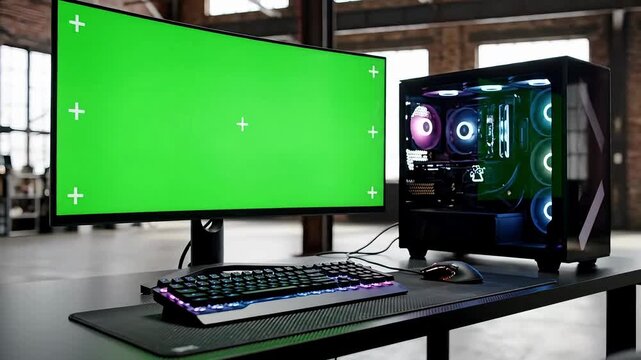 High performance gaming desktop computer setup featuring a large monitor with green screen chroma key ready for custom content creation or streaming