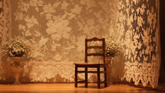 A cozy scene with a wooden chair, flowers in vases, and intricate lace backdrop