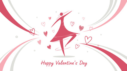 Valentine's day celebration with dancing woman surrounded pink hearts and swirling lines on white background