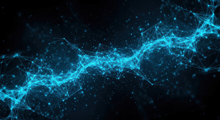 Dynamic Network of Interconnected Blue Lines and Dots Forming a Central Stream on a Dark Background, Illustrating Data Flow and Technological Advancement