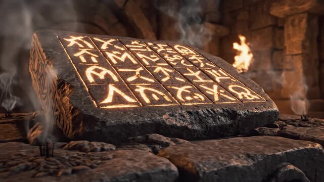 Ancient stone slab features glowing mysterious symbols in a dark cavern. Smoke rises from the relic, hinting at magic, forgotten knowledge, or fantasy discovery, video.