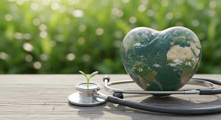 Earth Globe in Heart Shape, Sprout, and Stethoscope on Wooden Table for Healthcare