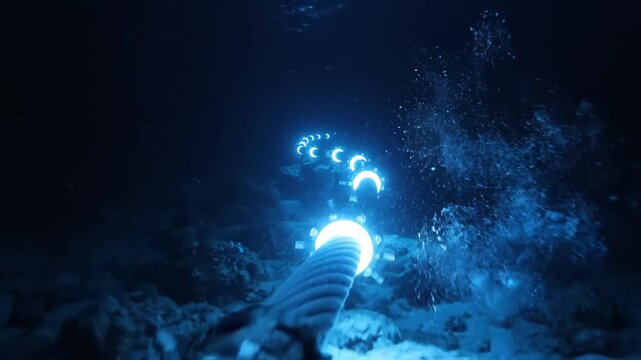 Glowing blue light stream with radiating particles moves dynamically through dark, textured abyss, representing data flow or energetic connection.