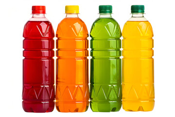 Four colorful plastic bottles of assorted beverages isolated on white background