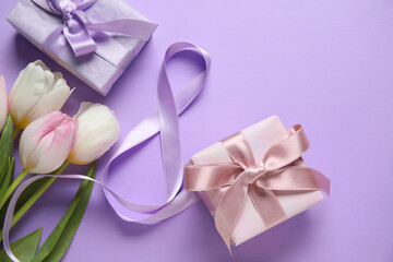 Composition with figure 8 made of ribbon, flowers and gift boxes on purple background. International Women's Day celebration