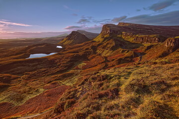 Trotternish ridge, land-slipped mass of Cleat at the foot of Bioda Buidhe summit seen from Quiraing at a colorful, beautiful dawn. Skye-Scotland-165