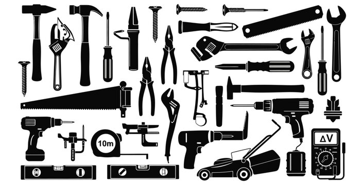 Collection of black silhouette icons representing various essential hand tools and power equipment for construction and repair