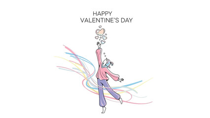 Woman dancing with colorful streamers and heart shaped balloons on valentine's day