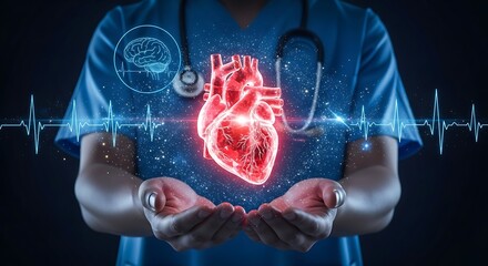 Doctor holding a glowing, holographic human heart with digital pulse and brain scan overlay, symbolizing cardiology and medical technology advancement