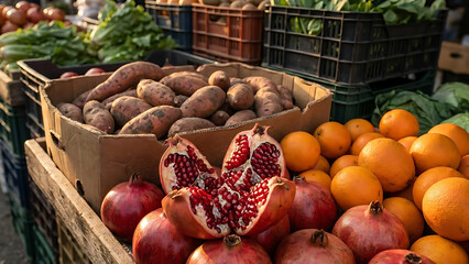 Abundant Harvest of Fresh Produce Displayed at an Outdoor Market Stall, Offering Colorful Fruits and Vegetables