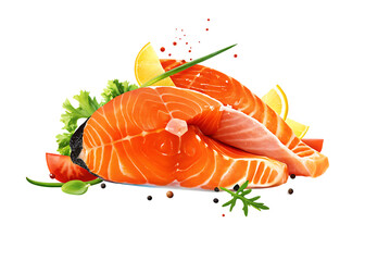 Fresh salmon steaks with lemon and herbs isolated on a transparent background fish
