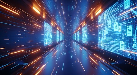 Abstract digital data stream tunnel with glowing blue screens and orange light streaks representing fast information transfer and cyberspace technology concept