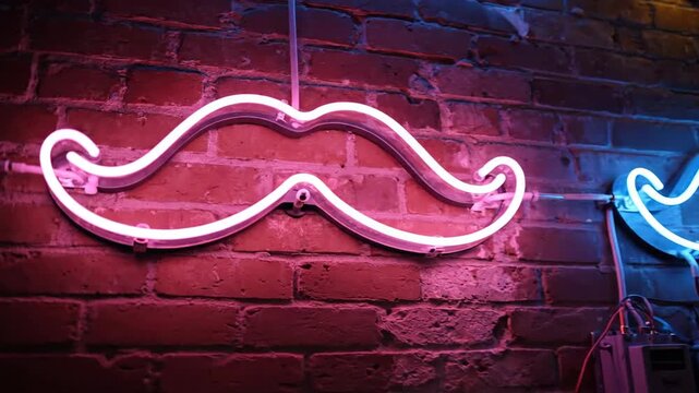 Neon Mustache Signs on a Brick Wall in Dimly Lit Environment with Bright Lighting and Color Accents
