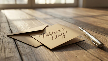 Father's Day Greeting Card and Pen on Wooden Table with Soft Natural Light, Celebrating Parenthood