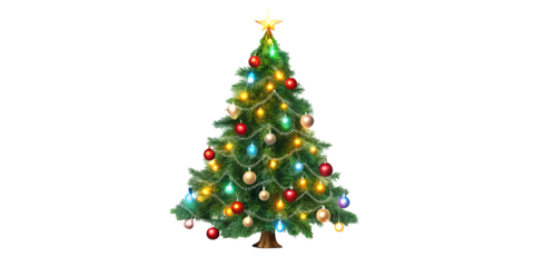 Decorated Christmas Tree with Star Lights on white background isolated on a transparent background