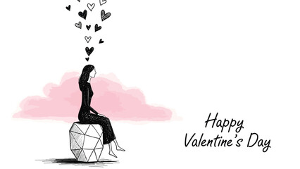 Woman sitting on geometric heart with hearts floating above her on valentine's day