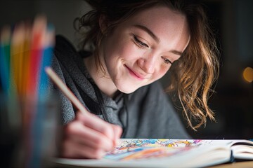 A young woman enthusiastically drawing in a sketchbook with colored pencils, soft diffused light, focus on expression and creativity, photorealistic, cinematic lighting,