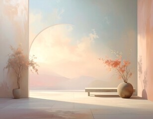 &ldquo;Pastel Sanctuary &ndash; Minimalist Archway with Scenic Mountain View and Soft Light&rdquo;