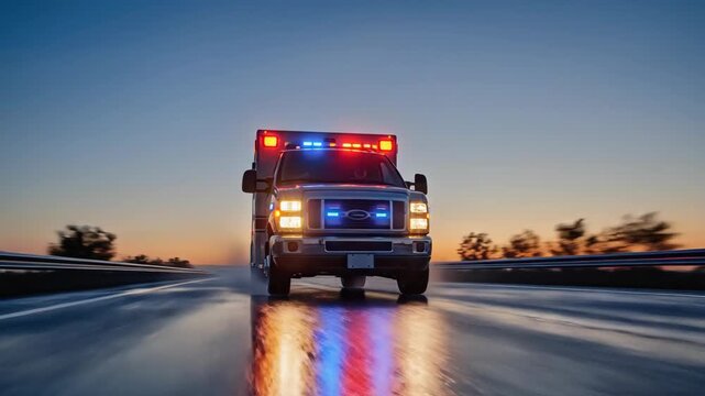 Emergency ambulance vehicle driving on a wet highway with flashing lights at sunset, medical urgent transportation concept