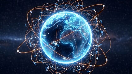 Global communication network and digital data streams connecting the planet in a futuristic interconnected world