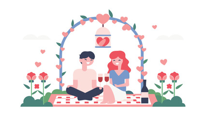 Couple sitting close together on blanket beneath heart decorated archway with flowers and wine
