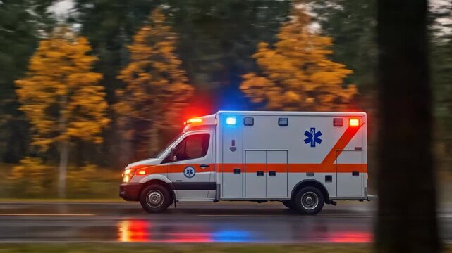 Ambulance with flashing lights speeding on a wet road through a forest in autumn, emergency medical vehicle for urgent healthcare delivery.