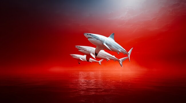 Three white sharks are soaring above a deep red ocean. The sharks are flying in a formation. The sky is clear