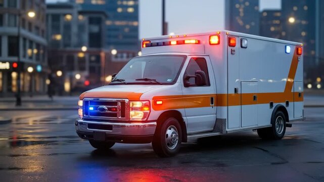 Medical ambulance with flashing lights on a street at night. Emergency vehicle responding to a call for urgent care and hospital transport.