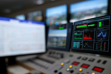 An advanced control room filled with monitors displaying colorful data visualizations, indicating real-time information and analytics for efficient decision-making.