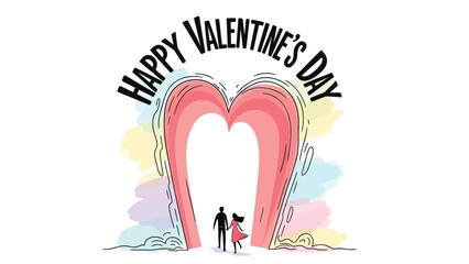 Happy valentine's day celebration with loving couple standing before large pink heart archway, pastel background